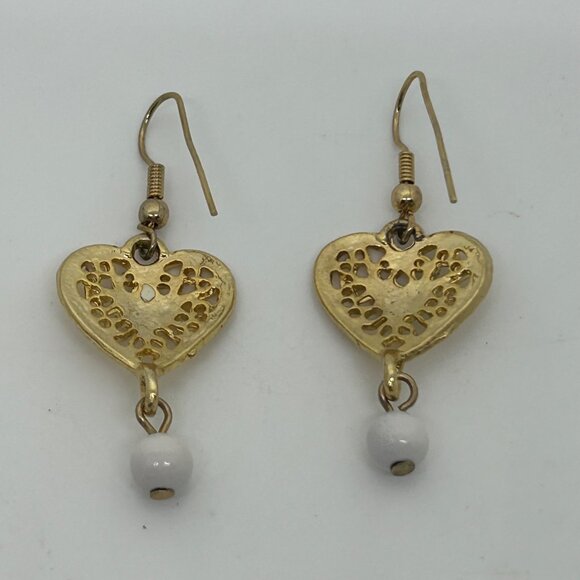 Vintage Gold-Tone Heart Drop Earrings With White Accents & Filigree Design - Picture 4 of 16